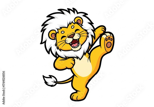 A playful illustration of a cheerful lion, mid-laugh, poised in a dynamic pose. It embodies joy, fun, and lightheartedness.