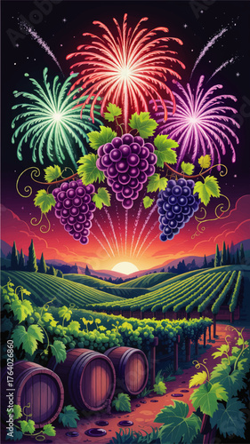 Vibrant Vineyard Landscape with Grapes, Wine Barrels, and Fireworks at Sunset – Festive Winery Celebration Illustration