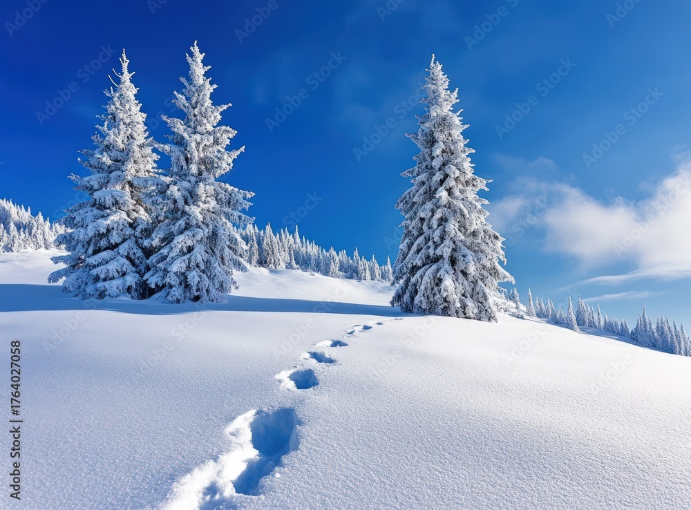 Naklejka premium Snow-covered trees and footprints under a clear blue sky