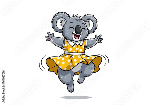 A charming cartoon of a joyful koala, wearing a lovely yellow polka dot dress and radiant smile. Capturing the koala's delightful joy and the simple beauty of childhood whimsy.