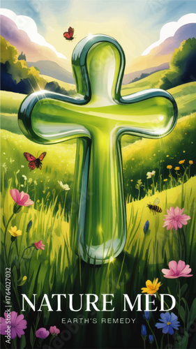 Vibrant Green Medical Cross in Sunny Nature Field with Butterflies, Wildflowers, and Healing Earth Theme – Nature Medicine Concept Art