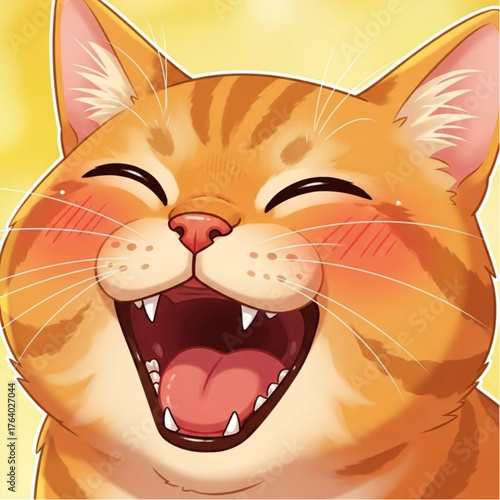 An adorable ginger cat bursts into unrestrained laughter, its expression conveying pure delight and infectious joy. Capturing the essence of lightheartedness and the irresistible charm.