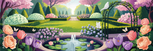 Elegant Botanical Garden Illustration with Colorful Flowers, Fountain, Butterflies, and Doves in Spring Landscape