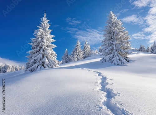 Wallpaper Mural Snowy hillside, firs, blue sky, and footprints in foreground Torontodigital.ca