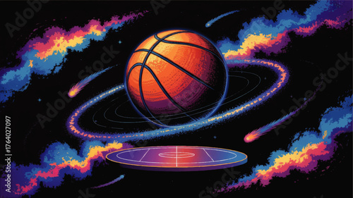 Vibrant Cosmic Basketball Illustration with Neon Colors, Space Arena, Shooting Stars, and Galactic Energy on Black Background