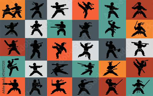Dynamic martial artists demonstrate powerful combat stances and weapon techniques in a vibrant, modern graphic art collage showcasing athletic prowess and discipline.
