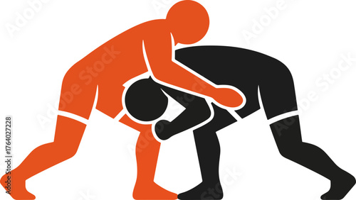 Dynamic wrestling match illustration capturing the intense struggle and athleticism of two competitors locked in combat, perfect for sports marketing and design projects.