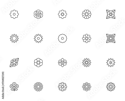 Floral icon set. Flower outline vector collection. Icludes Rose, Sunflower, Dasy, Peony, Orchid, Dahlia,Carnation, Bouquet and mor. Minimalist line art.