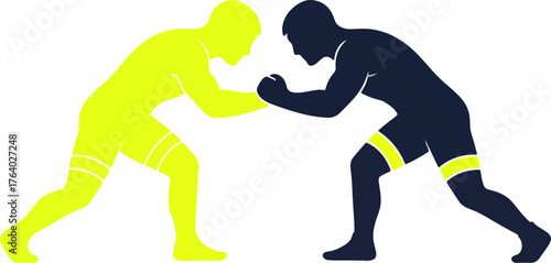 Dynamic wrestlers locked in intense grapple, showcasing strength and competitive spirit in a stylized graphic representation of sport and determination