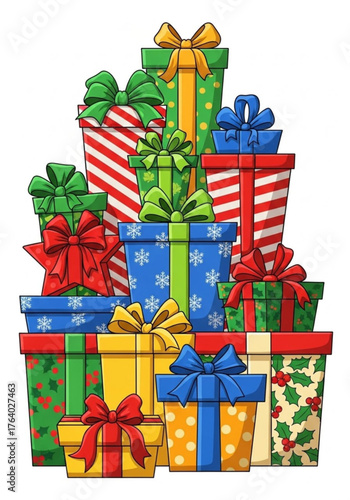 A colorful stack of meticulously wrapped gifts, each adorned with vibrant ribbons and bows, create a festive scene ready to unwrap and bring excitement.