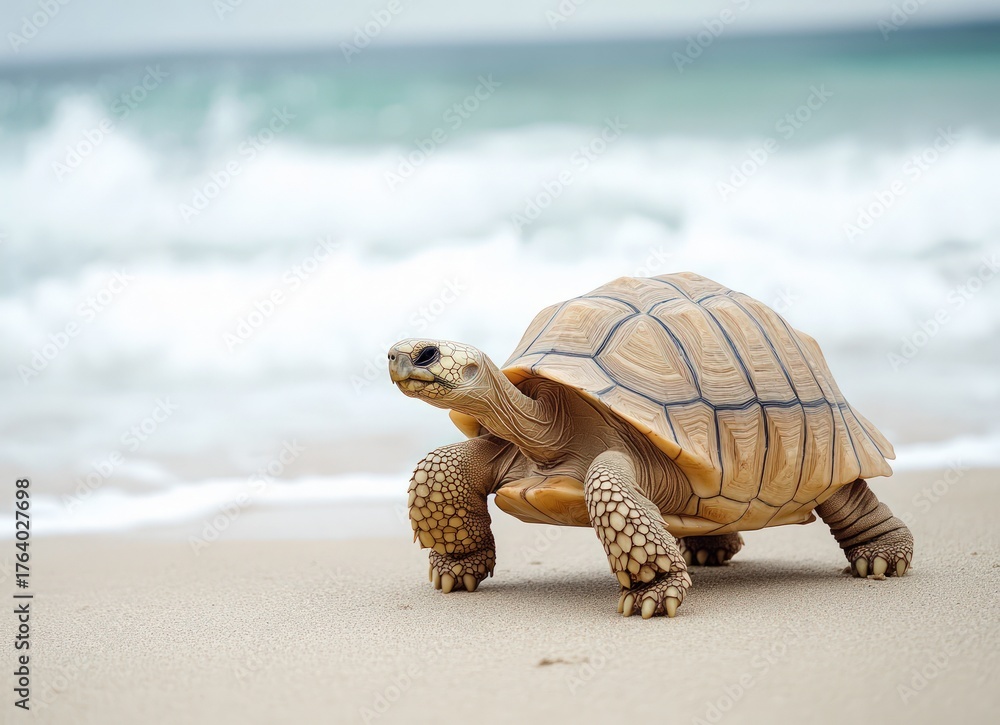 Obraz premium Tortoise slowly walks along a sandy beach with waves