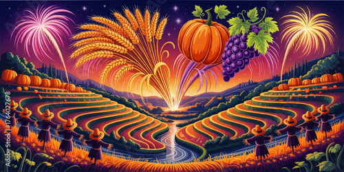 Vibrant Harvest Festival Landscape with Pumpkins, Wheat, Grapes, Fireworks, Scarecrows, and Terraced Fields at Sunset