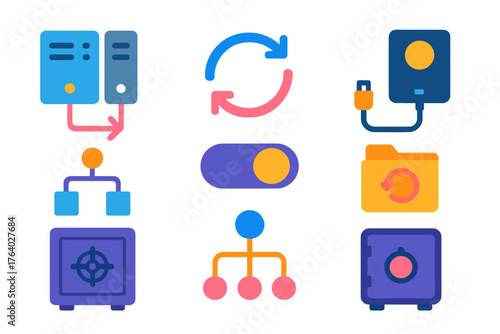 Failover flat icons: dual servers, reroute arrows, external drive, flow diagram, switch toggle, backup folder, safe vault, network hub.