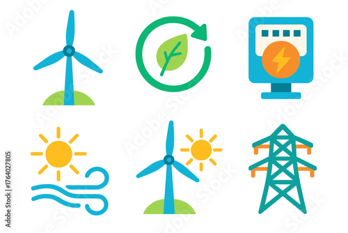 Wind Energy flat icons: turbine blades, renewable symbol, energy meter, sun and wind, eco power, electric tower. , , High resolution, sharp vector-like appearance, ideal for UI and