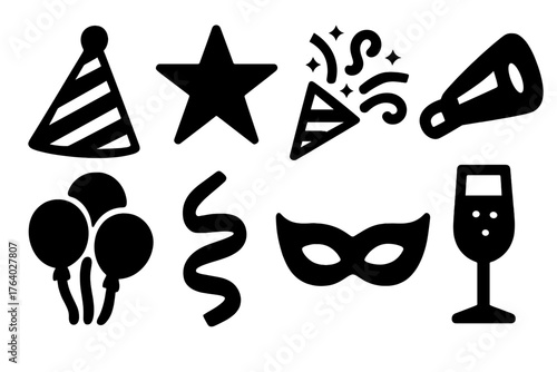 New Year Party Hats silhouette set: striped cone hat, glitter star, sparkling confetti, trumpet horn, balloon bunch, ribbon curl, party mask, champagne flute. , , High resolution,