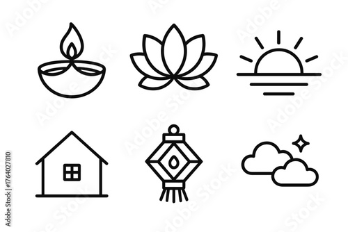 Diwali New Beginnings outline icon set: diya flame, lotus flower, sunrise horizon, new home symbol, lantern glow, clear sky. , , High resolution, sharp vector-like appearance,