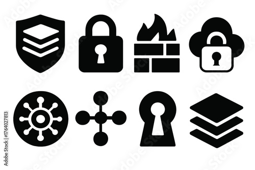 Security Layers silhouette set: shield with layers, digital lock, firewall icon, cloud security, encryption core, network nodes, keyhole, layered diagram. , , High resolution,