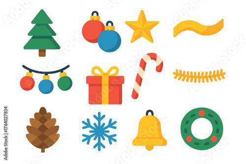 Christmas Tree Decorating flat icons: fir tree, ornament bulbs, sparkling star, golden ribbon, string of lights, candy cane, gift box, tinsel, pinecone, snowflake, bell, wreath