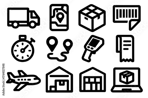 Cyber Monday Delivery Tracking silhouette set: delivery truck, smartphone map, location pin, package box, barcode label, stopwatch, delivery route, parcel scanner, receipt slip,