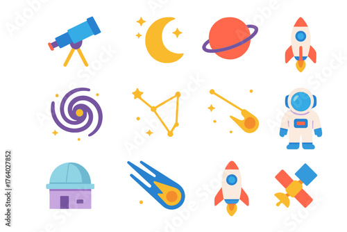 Cosmic Observation flat icons: telescope, stars, moon, planet, galaxy spiral, constellation, satellite, rocket, observatory, comet, astronaut, night sky. , , High resolution, sharp