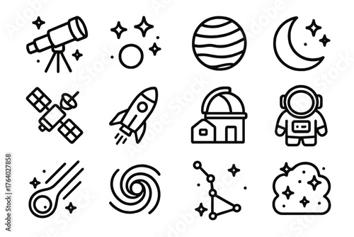 Cosmic Observation outline icon set: telescope, stars, planet, moon, satellite, rocket, observatory dome, astronaut, comet, galaxy swirl, constellation, night sky. , , High