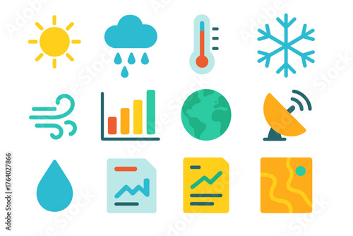 Climate Data flat icons: sun, rain, thermometer, snowflake, wind swirl, data chart, graph, globe, satellite dish, droplet, report page, weather map.