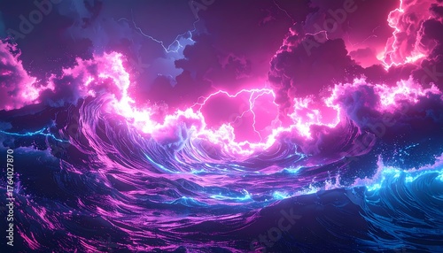 Fototapeta Naklejka Na Ścianę i Meble -  Vibrant Neon Ocean Waves and Glowing Clouds Abstract Background.