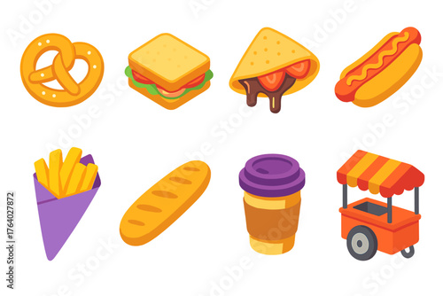 European Street Food flat isometric set: pretzel, sandwich, crepe, hotdog, cone of fries, baguette, coffee cup, cart.