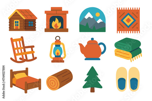 Rustic Boutique Retreat Set flat isometric set: log cabin, fireplace, mountain view, woven rug, rocking chair, lantern, teapot, wool blanket, cozy bed, wood beam, forest tree,