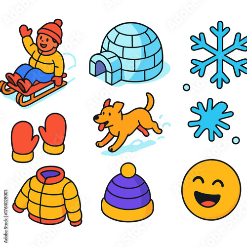 Cold Weather Play flat isometric set: kids sledding, snow fort, playful dog, snowflake, mittens, puffer jacket, ski cap, laughter.
