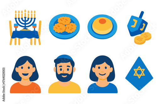 Hanukkah Traditions Family Celebration flat icons: dinner table, latke plate, sufganiyot donut, dreidel, gold coins, wine glass, smiling faces, festive napkin.