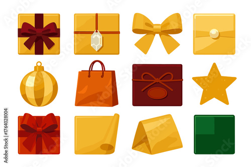 Festive Wrapping – Luxe Style flat icons: velvet ribbon, metallic gold paper, crystal tag, silk bow, pearl accent, mirrored ornament, foil gift bag, satin cord, embossed label,