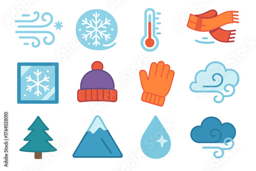 Wind Chill flat icons: icy wind, snowflake swirl, thermometer, scarf flutter, frosted window, hat, glove, blowing air, pine tree, mountain, frozen droplet, cloud gust.