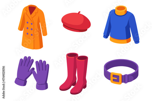 Winter Style flat isometric set: long coat, beret, layered top, gloves, tall boots, belt.