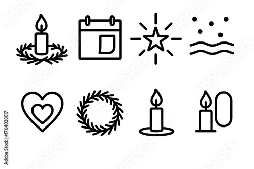Advent Anticipation outline icon set: candle circle, calendar window, glowing star, quiet snow, open heart, wreath of pine, gentle flame, soft light.