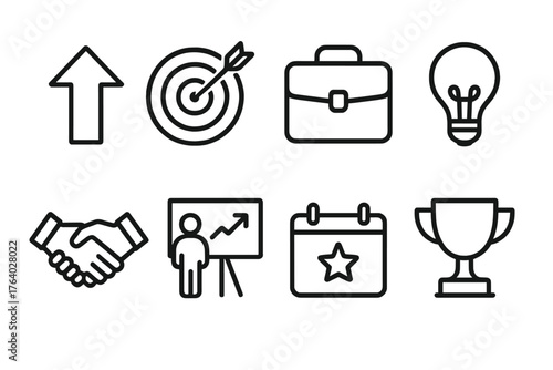 2026 Ambitions — bold outline set outline icon set: upward arrow, target with dart, briefcase, lightbulb, handshake, presentation chart, calendar with star, trophy.