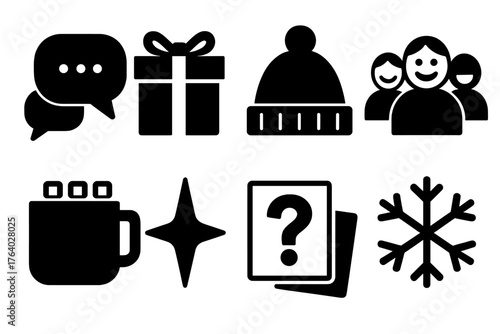 Holiday Icebreakers silhouette set: chat bubbles, wrapped present, winter hat, cheerful crowd, mug of cocoa, twinkling star, quiz card, snowflake.