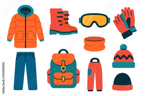 Winter Wardrobe Outdoor Ready flat icons: down coat, waterproof boots, ski goggles, insulated gloves, snow pants, neck warmer, backpack, mountain hat.
