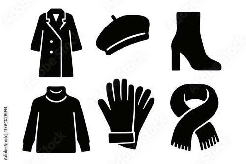 Chic Coldwear silhouette set: long coat, beret, heeled boots, turtleneck, gloves, scarf.