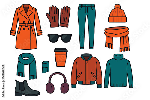 Winter Apparel Urban Layered Style flat icons: trench coat, leather gloves, skinny jeans, knit beanie, long scarf, sunglasses, ankle boots, coffee cup, bomber jacket, earmuffs,