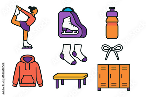 Skating Routines — Warm-up time flat icons: stretching figure, skate bag, water bottle, hoodie, socks, laces, bench, locker room.