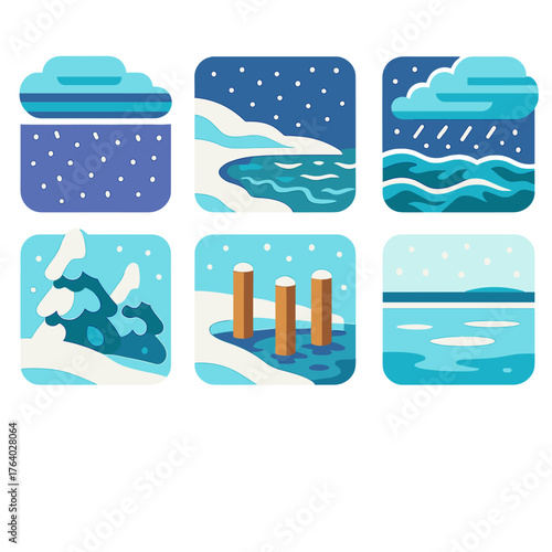 Lake Effect Snow flat icons: cloud bands, snowy coast, choppy water, snow-laden trees, dock posts, frozen surface, storm over lake, white sky.