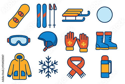 Snow Day Sports Outdoor Fun Style flat icons: snowboard, skis, sled, snowball, goggles, helmet, gloves, boots, parka, snowflake, scarf, thermos.