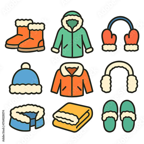 Fur-Lined Items — cozy outline icons flat icons: winter boots, hooded coat, mittens, earmuffs, hat trim, jacket collar, fur blanket, slipper pair.