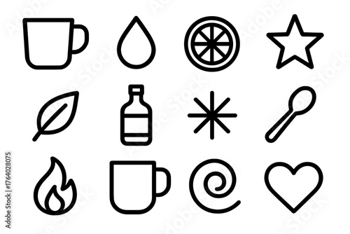 Mulled Flavors Minimal Line Icons outline icon set: cup outline, droplet, slice, star, leaf, bottle, spark, spoon, flame, mug, swirl, heart.