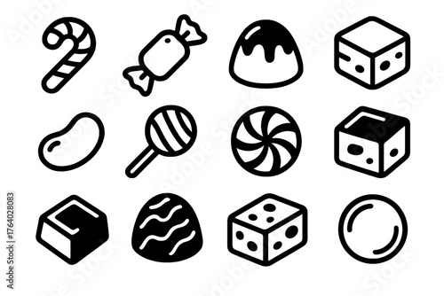 Christmas Treats Candies — Glossy Vector Style outline icon set: candy cane, toffee wrapper, chocolate bonbon, caramel square, jelly bean, striped lollipop, peppermint swirl, fudge