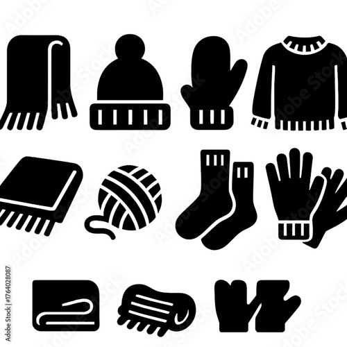 Wool Essentials silhouette set: knitted scarf, wool hat, cozy mittens, soft sweater, wool blanket, yarn ball, wool socks, warm gloves.