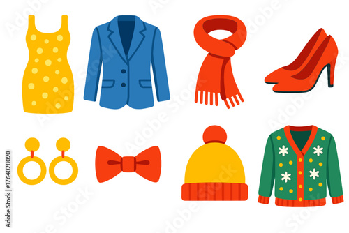Holiday Outfits flat icons: sequin dress, wool blazer, red scarf, heels, golden earrings, bow tie, cozy hat, festive cardigan.