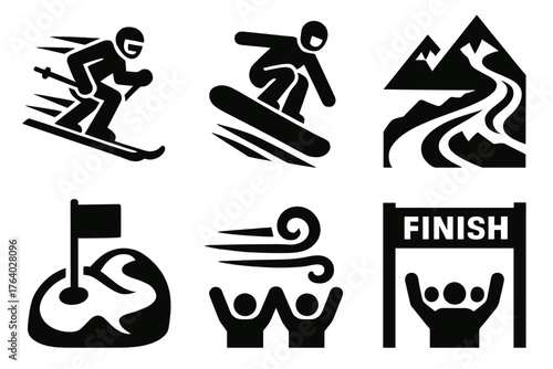Skiing Adventures — Action scenes silhouette set: skier in motion, snowboard jump, downhill slope, snow trail, flag marker, wind gust, cheering crowd, finish line.