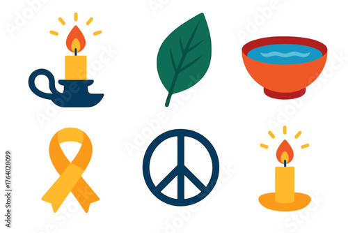 Candlelight Rituals flat icons: candle holder, soft light, leaf, bowl of water, ribbon, peace symbol.